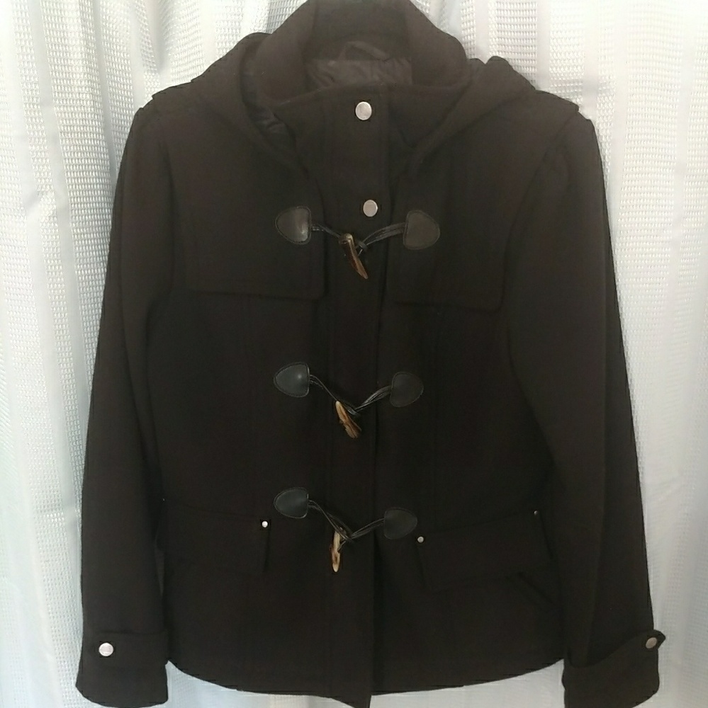 Black Peacoat, Large, Removable hood, Horn toggles